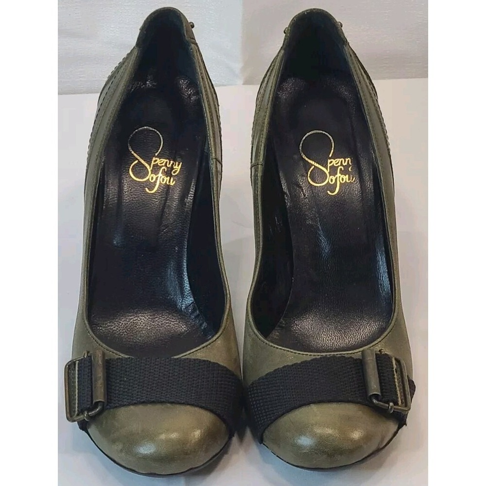 Penny Sofou Olive Green Leather Buckle Strap Round Toe Heels Pumps Mens Size 8